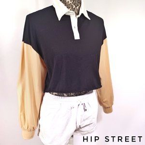 SHEIN Long Sleeve Color Block Polo Style Oversize Crop Tee Shirt Top XS